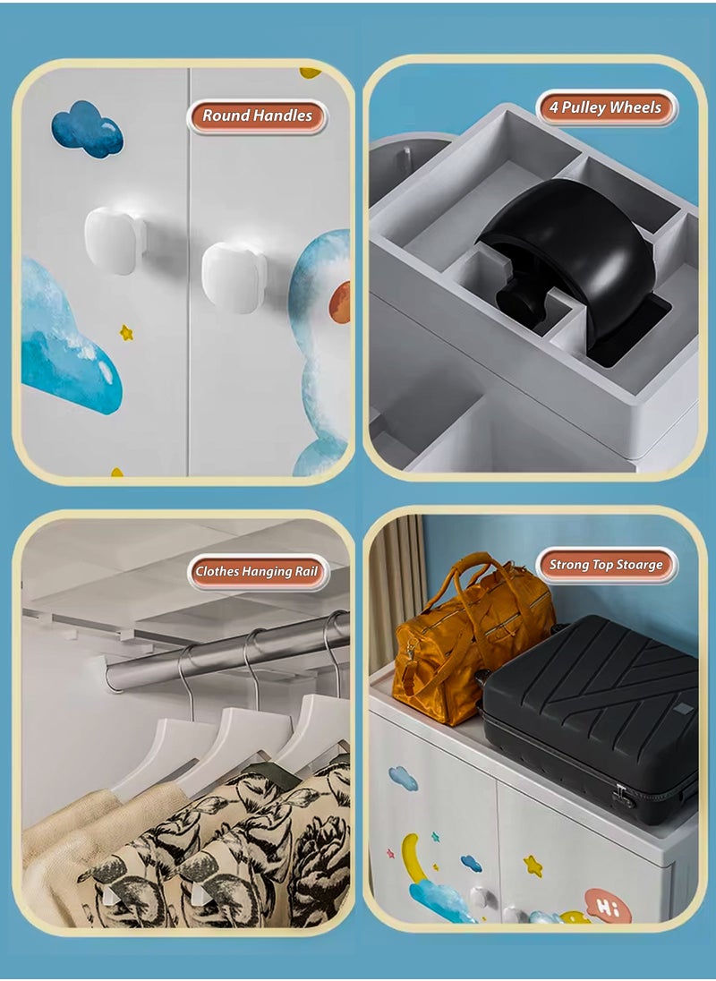 DBLEW Portable Kids Large Wardrobe Closet with 2 Doors Collapsible Plastic Baby Armoire Storage Cabinet with Hanging Rod And 4 Drawers Chest Children Clothes Storage Box Container Cabinet Organizer Toddler Dresser Quick Install For Bedrooms, Playrooms, Nursery and Multipurpose Use With Cartoon Characters  - Image 5