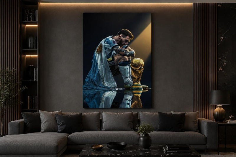 ARS Graphics ARS® Messi World Cup Canvas Wall Art - 70 x 120 CM - Lionel Messi Kneeling with Trophy and Argentina Flag - Image 2