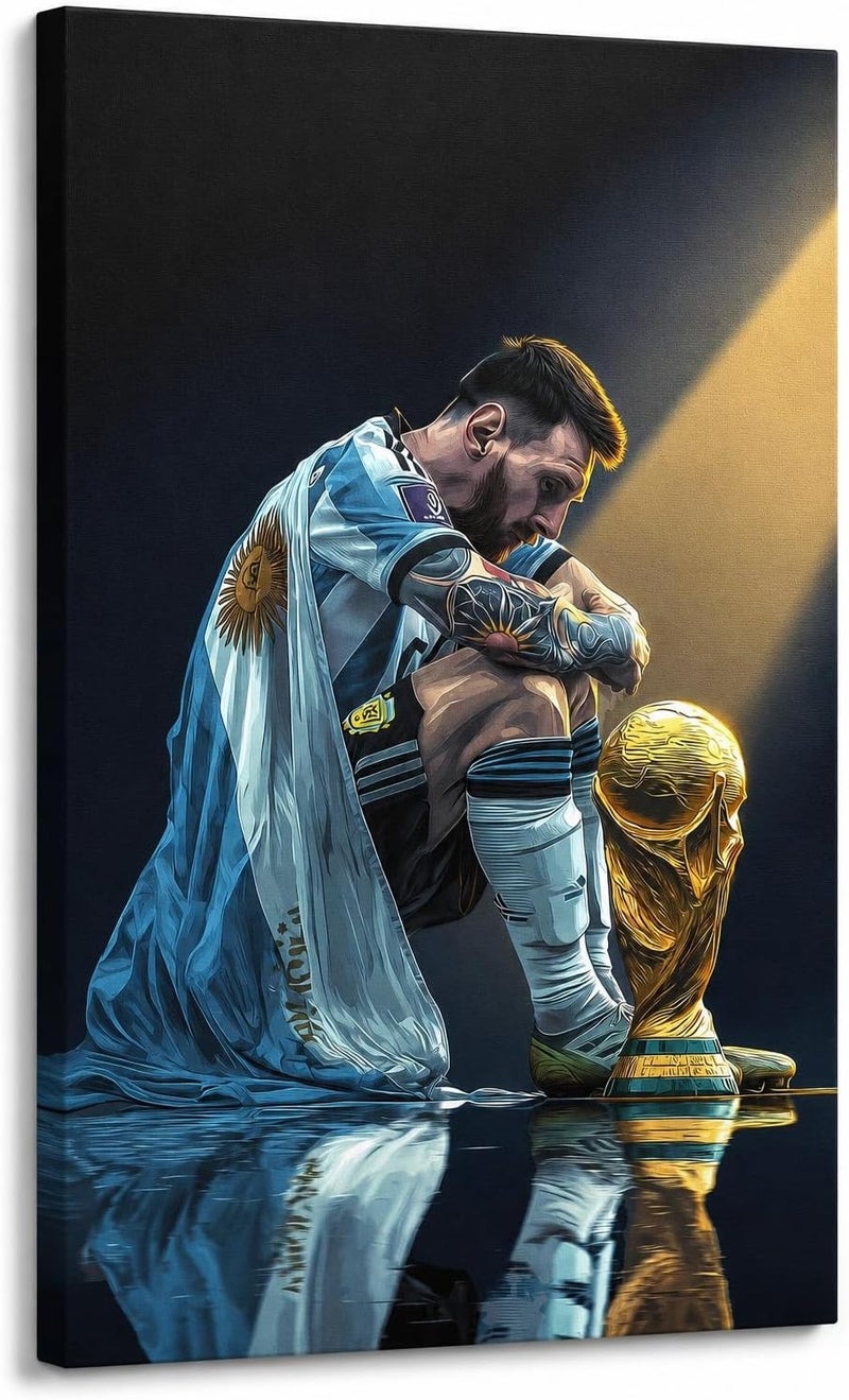 ARS Graphics ARS® Messi World Cup Canvas Wall Art - 70 x 120 CM - Lionel Messi Kneeling with Trophy and Argentina Flag - Image 1