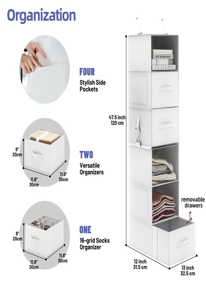 Twira 6-Shelf Hanging Closet Organizer, 2 Separable 3-Shelf Hanging Shelves, Hanging Storage with 3 Removanle Drawers 4 Side Pockets for Wardrobe, Nursery, Drom, Baby Clothes Organization White - Image 3
