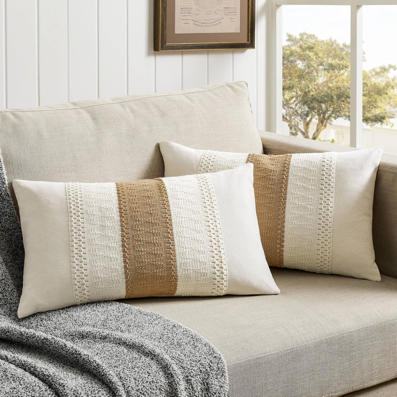 ZeeMart 2 Packs Cotton Boho Lumbar Throw Pillow Covers 12x20 Inch Contrast Brown  Soft Farmhouse Decorative Couch Pillow Cases Neutral Cushion Covers for Sofa Bed Living Room Home Decor - Image 1