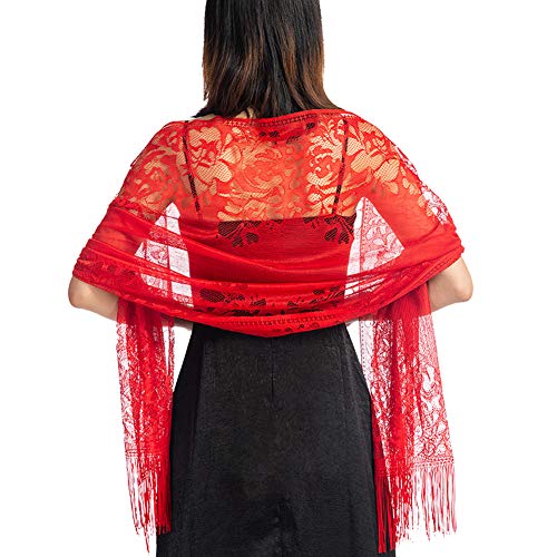 Ladiery Womens Floral Lace Shawl with Tassels Soft Mesh Fringe Wraps for Wedding Evening Party Dresses