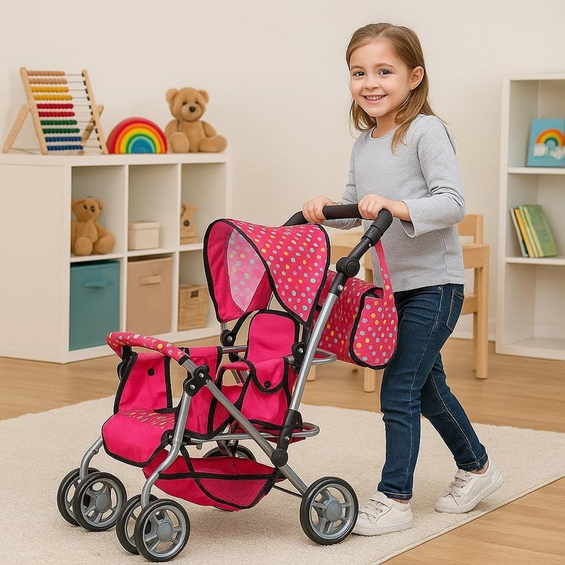 Exquisite Buggy Twin Doll Stroller with Diaper Bag and Swivel Wheels & Adjustable Handle - Pink & Polka Dot Design - Image 3