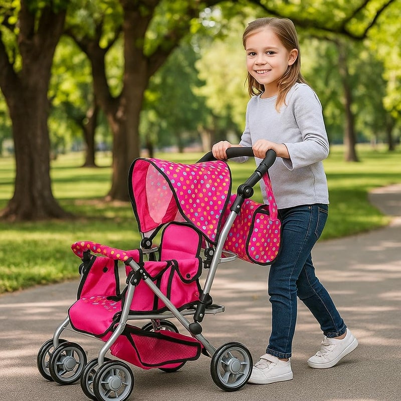 Exquisite Buggy Twin Doll Stroller with Diaper Bag and Swivel Wheels & Adjustable Handle - Pink & Polka Dot Design - Image 2