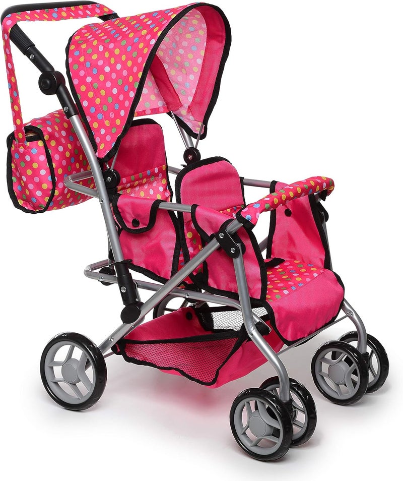 Exquisite Buggy Twin Doll Stroller with Diaper Bag and Swivel Wheels & Adjustable Handle - Pink & Polka Dot Design - Image 1