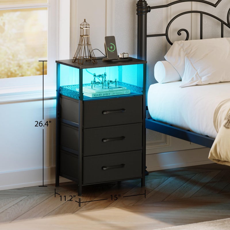 JARHETUN Night Stand Set 2 with Charging Station, 3 Drawer Nightstands with LED Lights, End Table with Outlets and USB Ports, Side Table with Open Shelf, Bedside Tables for Bedroom, Black - Image 3