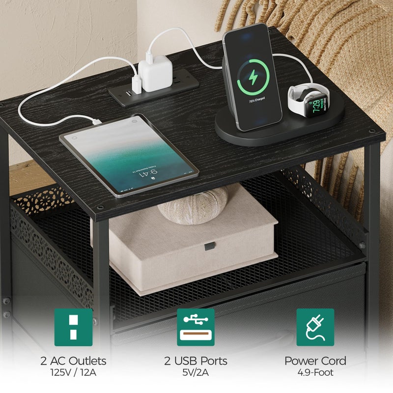 JARHETUN Night Stand Set 2 with Charging Station, 3 Drawer Nightstands with LED Lights, End Table with Outlets and USB Ports, Side Table with Open Shelf, Bedside Tables for Bedroom, Black - Image 5