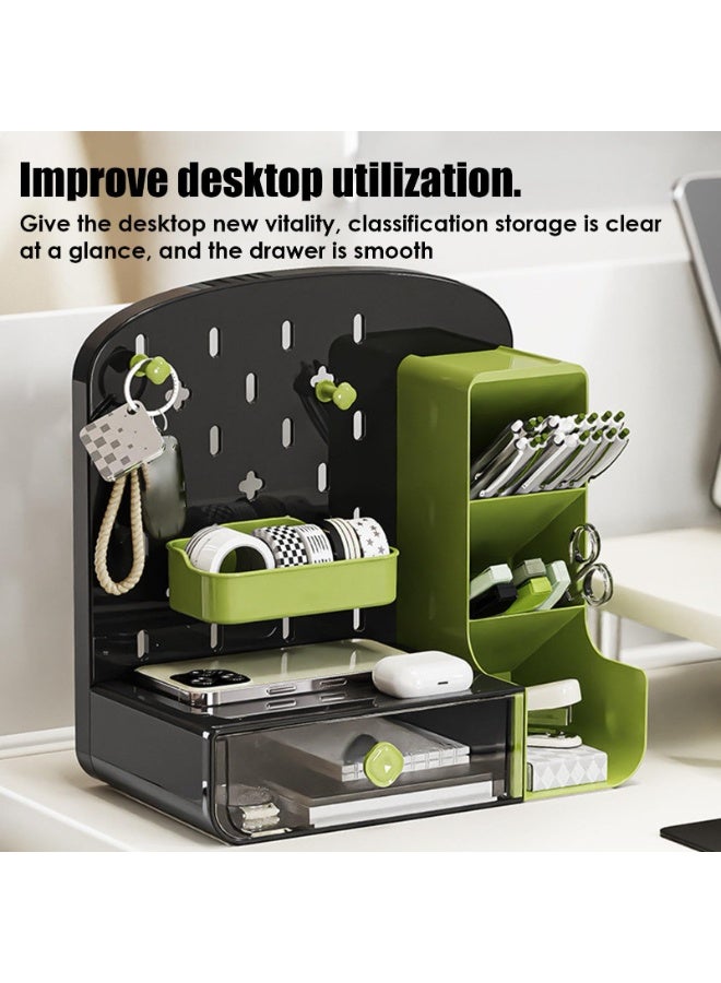 Desk Organizer with Drawers, Wall-Mounted Storage Panel with Hooks Shelves, Space-Saving Multi-Purpose Pen Holder for Home Office, Kitchen, Workshop (Green, HC-1001) - Image 1