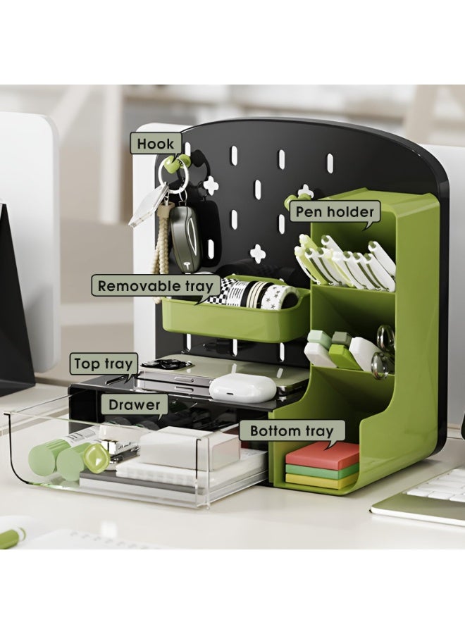 Desk Organizer with Drawers, Wall-Mounted Storage Panel with Hooks Shelves, Space-Saving Multi-Purpose Pen Holder for Home Office, Kitchen, Workshop (Green, HC-1001) - Image 2