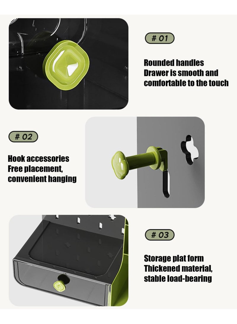 Desk Organizer with Drawers, Wall-Mounted Storage Panel with Hooks Shelves, Space-Saving Multi-Purpose Pen Holder for Home Office, Kitchen, Workshop (Green, HC-1001) - Image 4