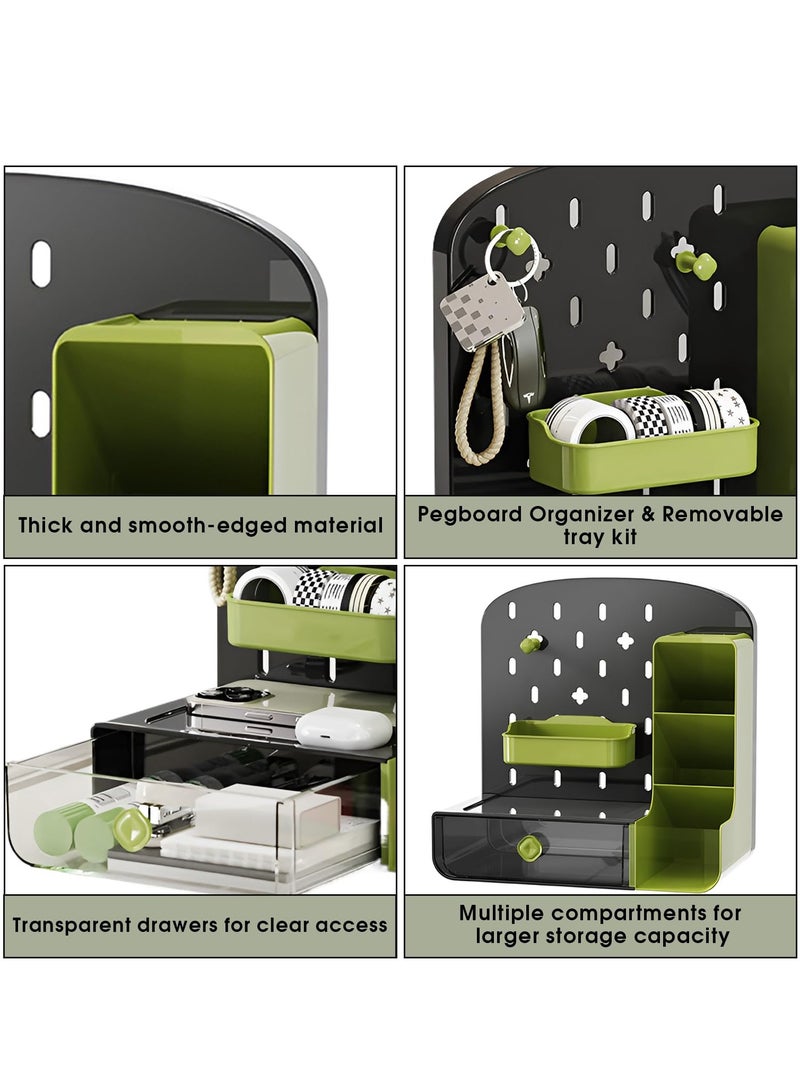 Desk Organizer with Drawers, Wall-Mounted Storage Panel with Hooks Shelves, Space-Saving Multi-Purpose Pen Holder for Home Office, Kitchen, Workshop (Green, HC-1001) - Image 5