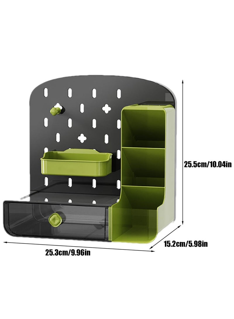Desk Organizer with Drawers, Wall-Mounted Storage Panel with Hooks Shelves, Space-Saving Multi-Purpose Pen Holder for Home Office, Kitchen, Workshop (Green, HC-1001) - Image 3