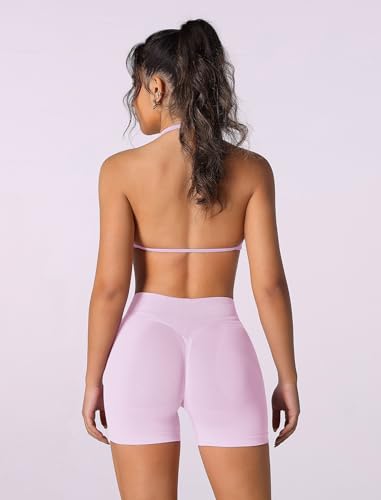 ABOCIW Pink Workout Sets for Women 2 Piece Seamless Scrunch Butt Lifting High Waist Impact Gym Shorts Matching Halter Sports Bra Active Wear Yoga Outfits 1 Pink Small - Image 3