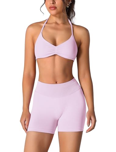 ABOCIW Pink Workout Sets for Women 2 Piece Seamless Scrunch Butt Lifting High Waist Impact Gym Shorts Matching Halter Sports Bra Active Wear Yoga Outfits 1 Pink Small - Image 1