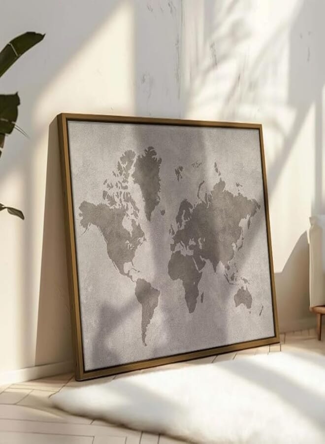 World map isolated concrete framed wall art 120x80 