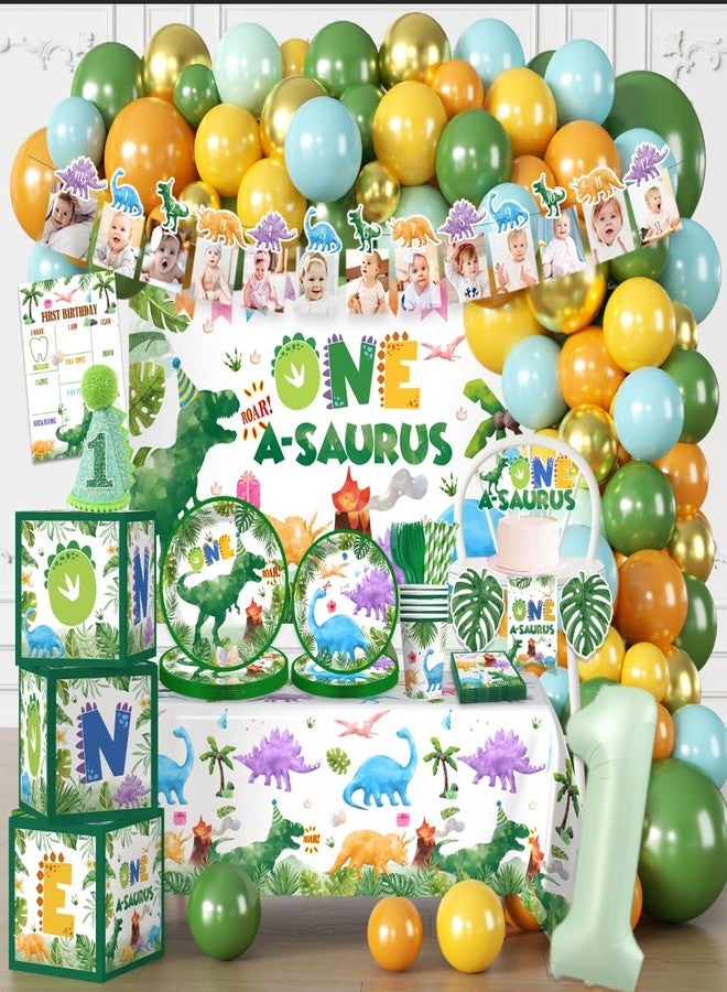 cocomigo 242Pcs One a Saurus Birthday Decorations Serves 20 Guests, One-stop Dinosaur 1st Party Pack with Plates, Party Hat, Backdrop, Tablecloth, Balloon Arch for 1st Birthday Decorations Boy - Image 1