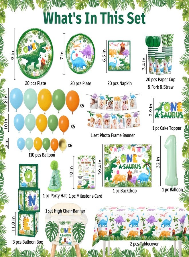 cocomigo 242Pcs One a Saurus Birthday Decorations Serves 20 Guests, One-stop Dinosaur 1st Party Pack with Plates, Party Hat, Backdrop, Tablecloth, Balloon Arch for 1st Birthday Decorations Boy - Image 2