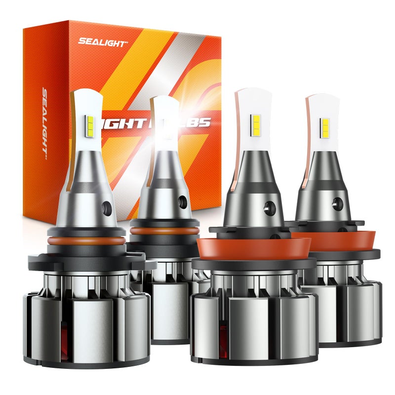 SEALIGHT 9005 H11 Bulbs Combo 72000LM 800 Brightness 9005HB3 High H11 High Low Beam Bulbs 6000K Cool White with Silent Fan IP68 360 Adjustable L2 Powersports Headlight Bulbs Pack of 4