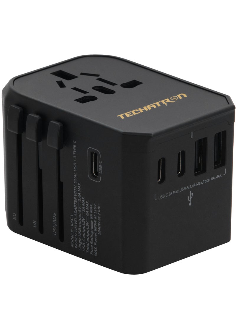 TECHATRON - 6 AMPS 6-in-1 Universal Travel Adapter (Type C/G/A/I) for US/AU/UK/EU |  2 USB-A, 3 USB-C, 1 AC Socket | European Travel Plug Adapter | International Power Adapter | Black - Image 1