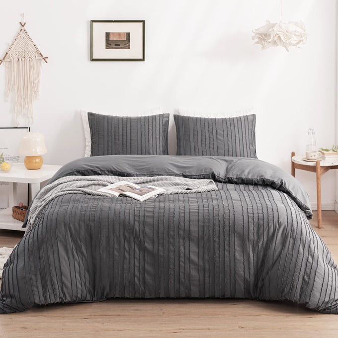 GRAY BOHO DUVET COVER SET KING SIZE STRIPED TEXTURED DUVET COVER TUFTED BEDDING SET 3 PCS ULTRA SOFT WASHED MICROFIBER DUVET COVER WITH ZIPPER CLOSURE KING GRAY