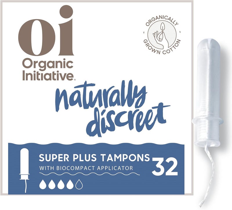 Oi Oi | Organic Initiative - Tampons | Super Plus Absorbency | Organic Cotton, Unscented | Toxin Free, BPA-Free, Plant-Based BioCompact Applicator | (Super Plus, 32 Count) 