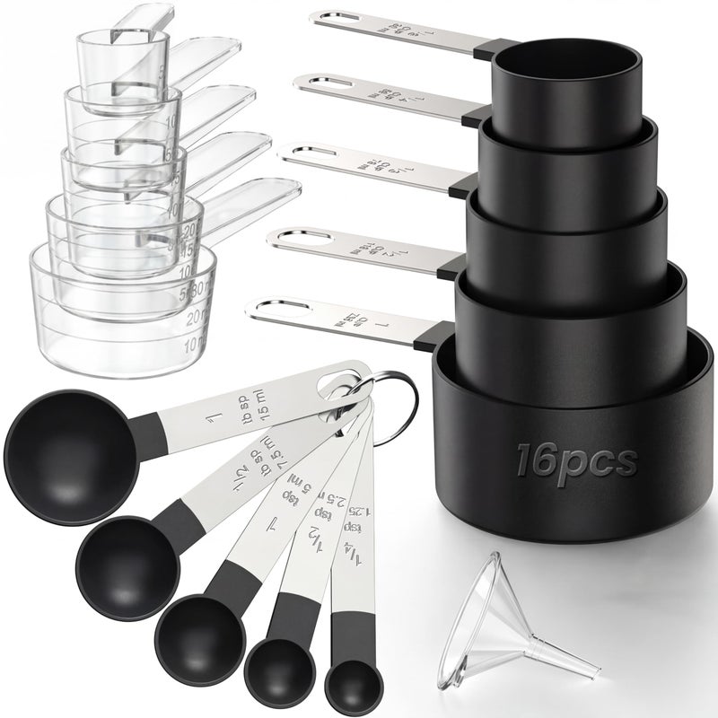THLHKD 16PCS Measuring Cups and Spoons Set, Measuring Spoon Set with Metric and US Measurements, Fits for Measuring Dry and Liquid - Black - Image 1