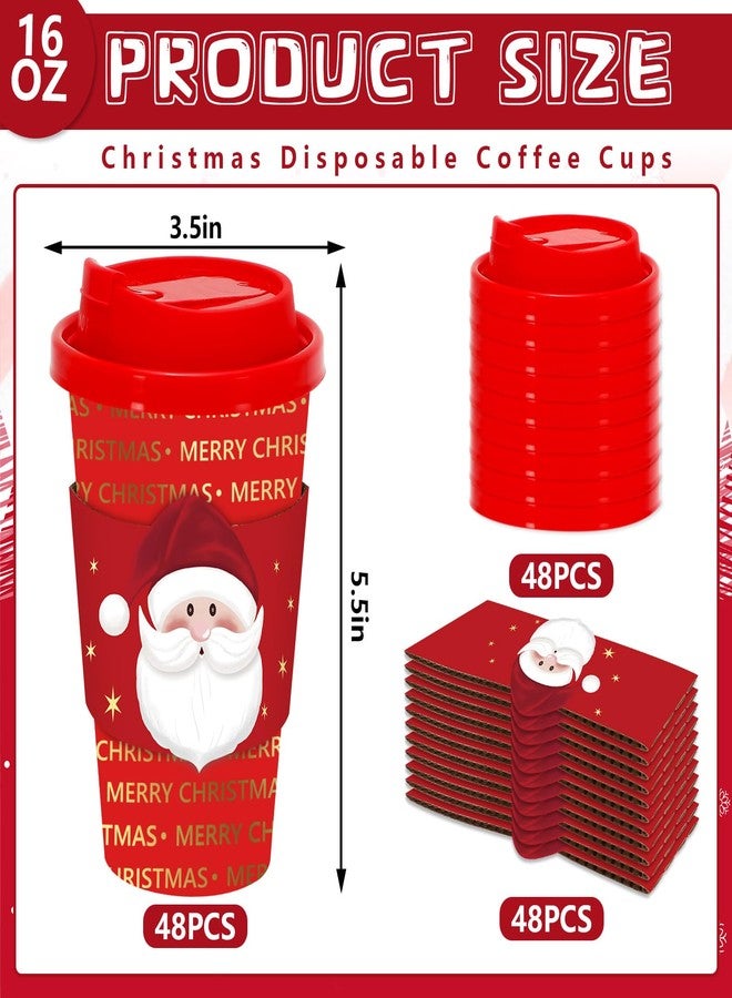 JarThenaAMCS 48 Set Merry Christmas Disposable Coffee Cups with Lids and Sleeves Red Gold Santa Paper Drinking Cups for Xmas Winter Holiday Party Supplies - Image 2