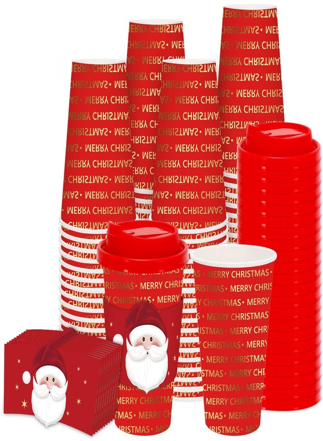 JarThenaAMCS 48 Set Merry Christmas Disposable Coffee Cups with Lids and Sleeves Red Gold Santa Paper Drinking Cups for Xmas Winter Holiday Party Supplies - Image 1
