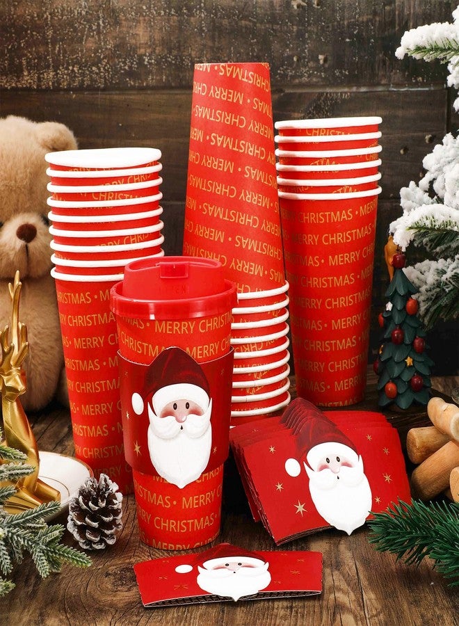 JarThenaAMCS 48 Set Merry Christmas Disposable Coffee Cups with Lids and Sleeves Red Gold Santa Paper Drinking Cups for Xmas Winter Holiday Party Supplies - Image 5