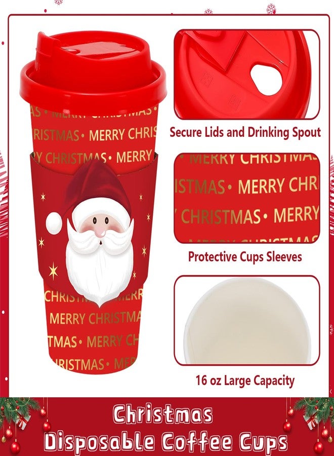 JarThenaAMCS 48 Set Merry Christmas Disposable Coffee Cups with Lids and Sleeves Red Gold Santa Paper Drinking Cups for Xmas Winter Holiday Party Supplies - Image 3