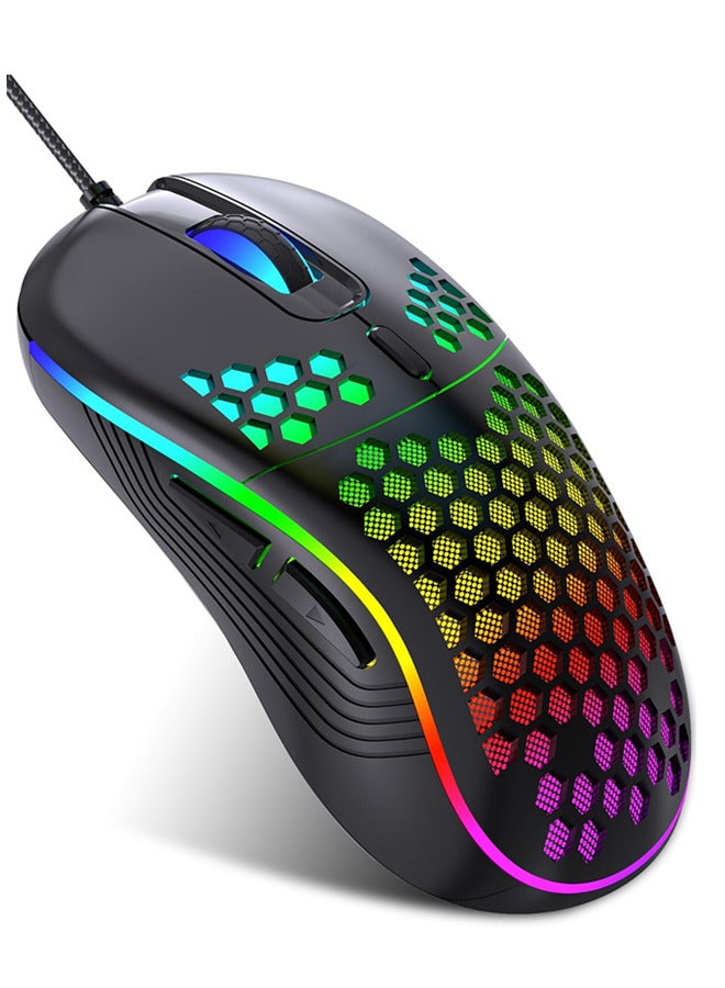 Honeycomb Wired Gaming Mouse, RGB Backlight and 7200 Adjustable DPI, Ergonomic and Lightweight USB Computer Mouse with High Precision Sensor for Windows PC Laptop Gamers (Black)