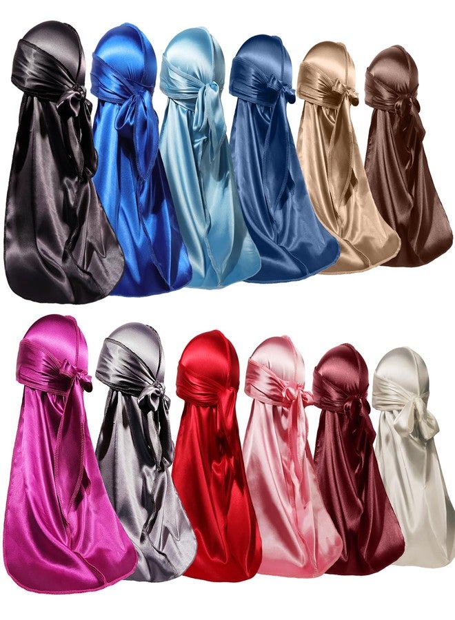 فورس ويف مجموعة فورس ويف المكونة من 12 قطعة من أغطية الرأس الساتان الفاخرة للرجال والنساء، غطاء شعر حريري فائق النعومة بذيل طويل، يسمح بمرور الهواء لحماية الشعر من التموجات بزاوية 360 درجة، وتصفيفه، والنوم (ألوان متنوعة) - Image 1