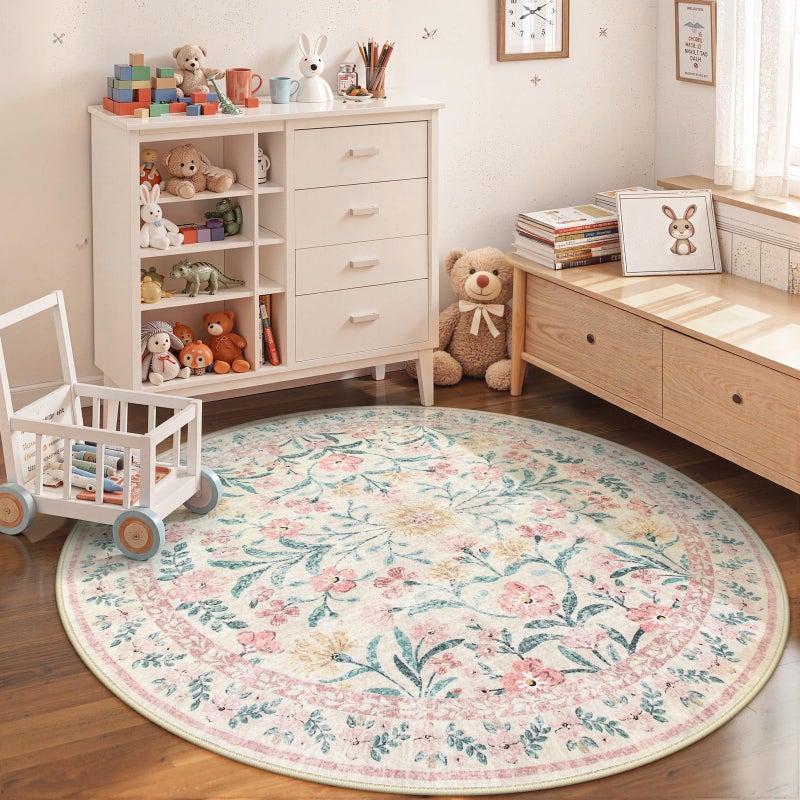 Wonnitar Washable Round Rugs 6ft, Pink Floral Circle Rug Large Round Carpet for Bedroom, Boho Soft Ultra-Thin Circular Carpets for Kids Playroom Living Room Nursery - Image 2