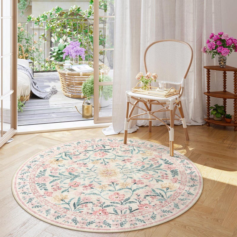 Wonnitar Washable Round Rugs 6ft, Pink Floral Circle Rug Large Round Carpet for Bedroom, Boho Soft Ultra-Thin Circular Carpets for Kids Playroom Living Room Nursery - Image 1