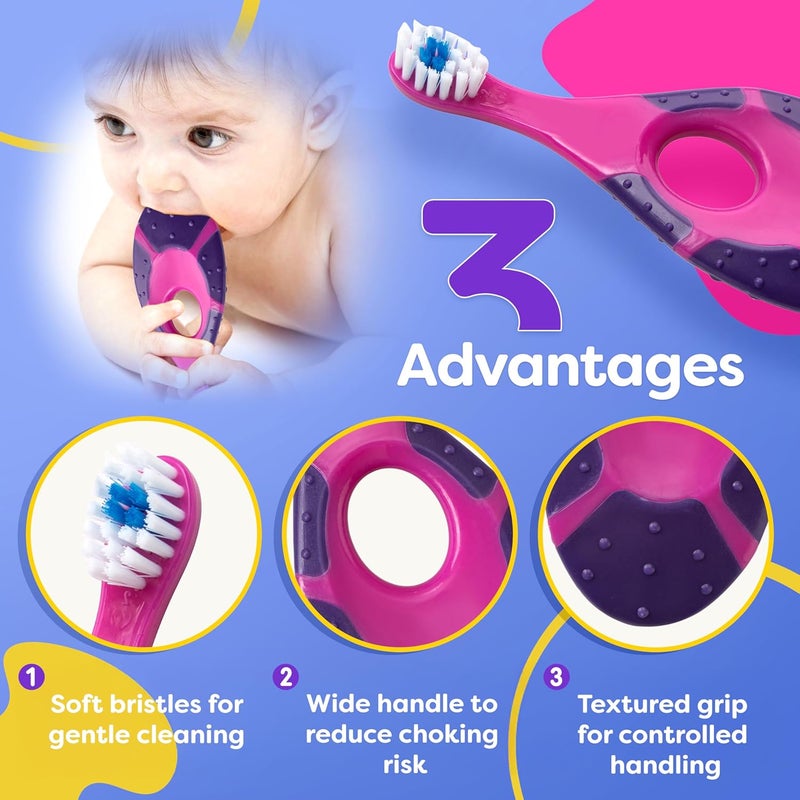 Trueocity Infant Toothbrush Set for Oral Care (12 Months+) – Soft Bristles, Small Brush Head, Easy-Grip Handle – 4-Pack (Pink & Purple) - Image 2