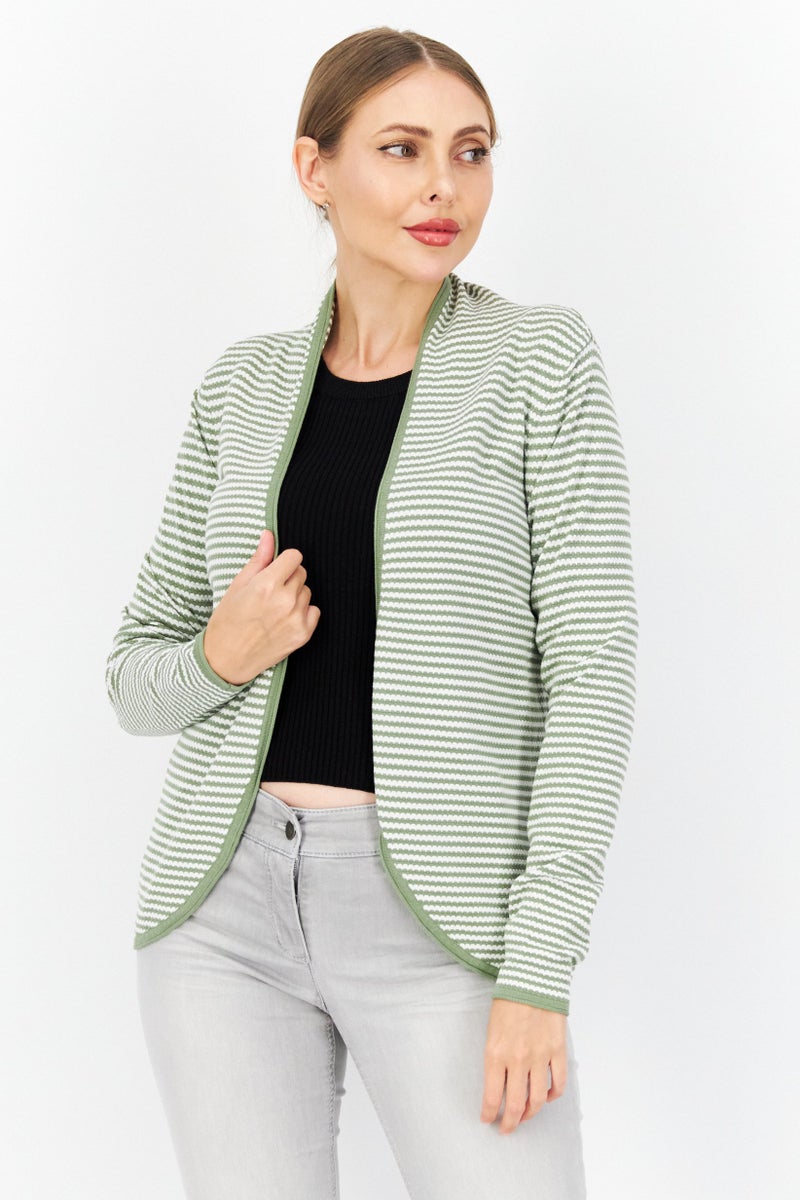 Zero Women Open Front Long Sleeve Strip Cardigans, White  - Image 1