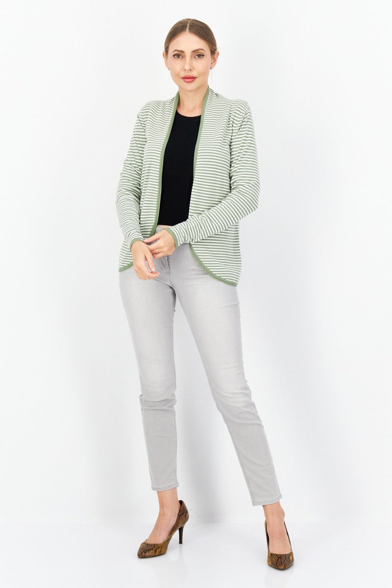 Zero Women Open Front Long Sleeve Strip Cardigans, White  - Image 3