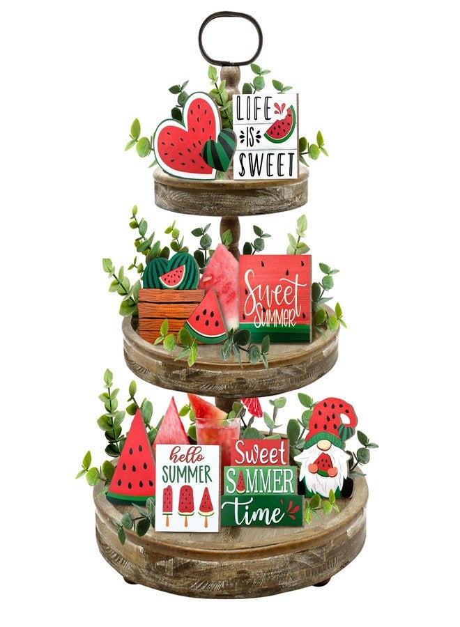 Guoofu Summer Tiered Tray Decor, Farmhouse Watermelon Tray Decorations, Hello Summer Sweet Watermelon Gnome Wooden Signs, Rustic Summer Home Decor for Table Mantel Office Holiday Party - Image 1