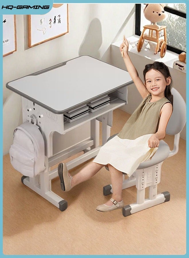 HQ-GAMING Kids Desk Chair Set, Kids Adjustable Height Desk, Children's Study Desk with Drawer,  Ergonomic Desk Chair Set with Backpack Hook, Perfect for Study, Home, School for Boys, Girls (Grey) - Image 1