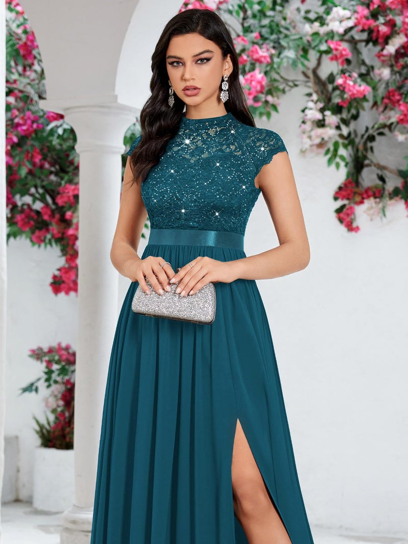 Miusol Women's Elegant Sequin Lace Contrast Chiffon Split Style Evening Party Maxi Dress (X-Large, Coral Blue) - Image 3