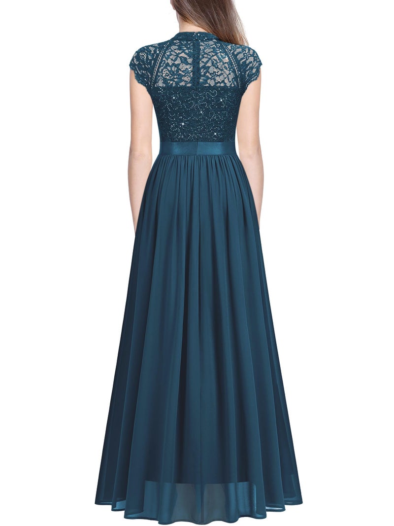 Miusol Women's Elegant Sequin Lace Contrast Chiffon Split Style Evening Party Maxi Dress (X-Large, Coral Blue) - Image 2