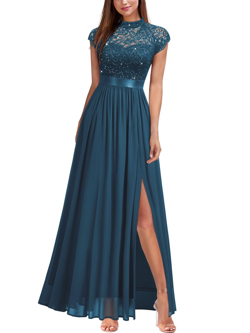 Miusol Women's Elegant Sequin Lace Contrast Chiffon Split Style Evening Party Maxi Dress (X-Large, Coral Blue) - Image 1
