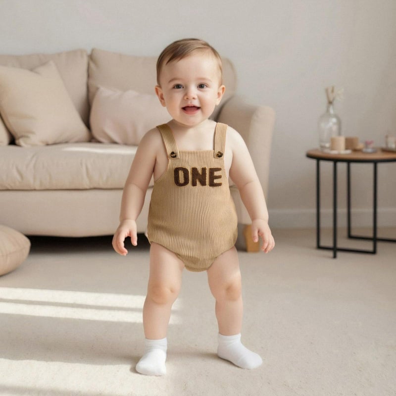 Honganda Baby Boy First Birthday Outfit Sleeveless Corduroy Overalls Letter One Cake Smash Romper for 1st Birthday Party (Khaki, 12-18 Months) - Image 3