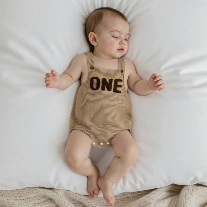 Honganda Baby Boy First Birthday Outfit Sleeveless Corduroy Overalls Letter One Cake Smash Romper for 1st Birthday Party (Khaki, 12-18 Months) - Image 2