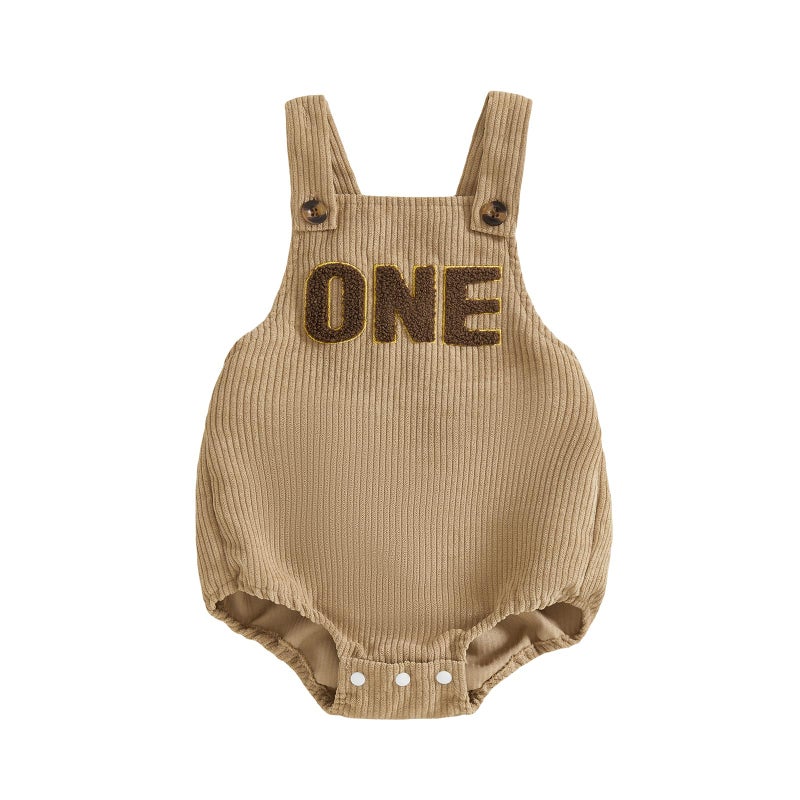 Honganda Baby Boy First Birthday Outfit Sleeveless Corduroy Overalls Letter One Cake Smash Romper for 1st Birthday Party (Khaki, 12-18 Months) - Image 1