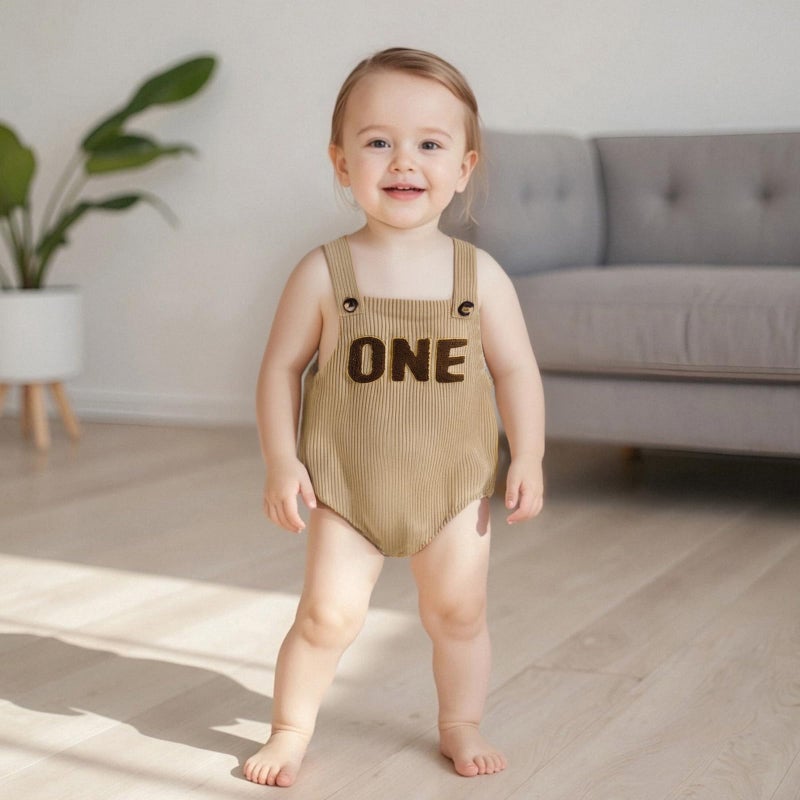 Honganda Baby Boy First Birthday Outfit Sleeveless Corduroy Overalls Letter One Cake Smash Romper for 1st Birthday Party (Khaki, 12-18 Months) - Image 4