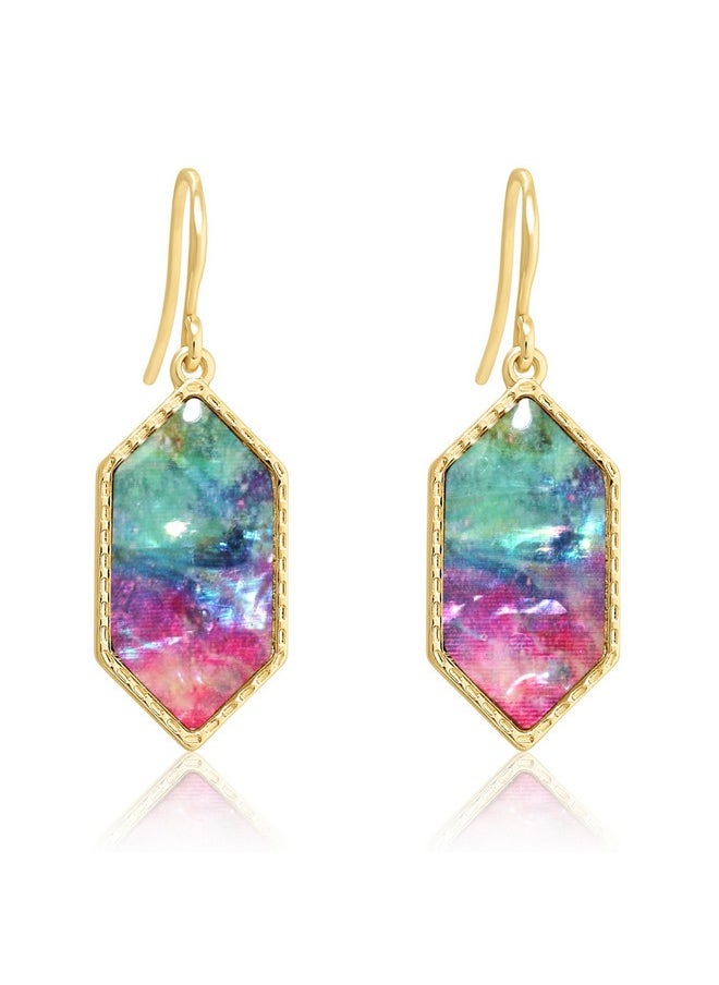 BONALUNA Boho Gold Colorful Abalone Shell Small Hexagon Dangle Drop Earrings For Women  - Image 1