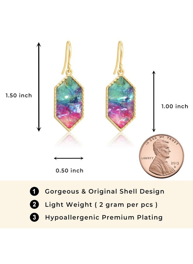 BONALUNA Boho Gold Colorful Abalone Shell Small Hexagon Dangle Drop Earrings For Women  - Image 2