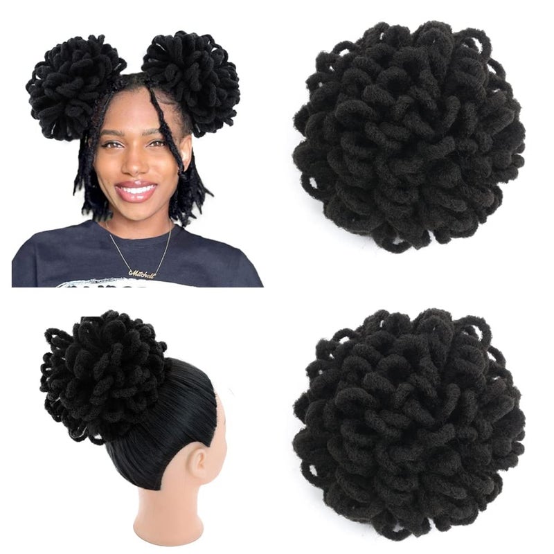 KGBFASS 2Pcs Curly Locs Ponytail Drawstring Buns Loc Petal Bun Dreadlock Ponytail Braided Faux Locs Bun Clip in on Braids Pony Tail Hairpieces for Black Women1B