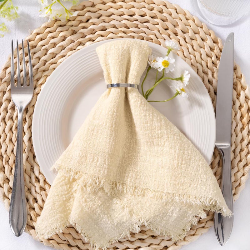 MLMC 6 Pack Beige Cream Linen Napkins Boho Washable Cloth Napkins with Fringe Reusable Rustic Gauze Dinner Table Decor 1717 for Wedding Party Bridal Baby Shower Spring Decor - Image 1